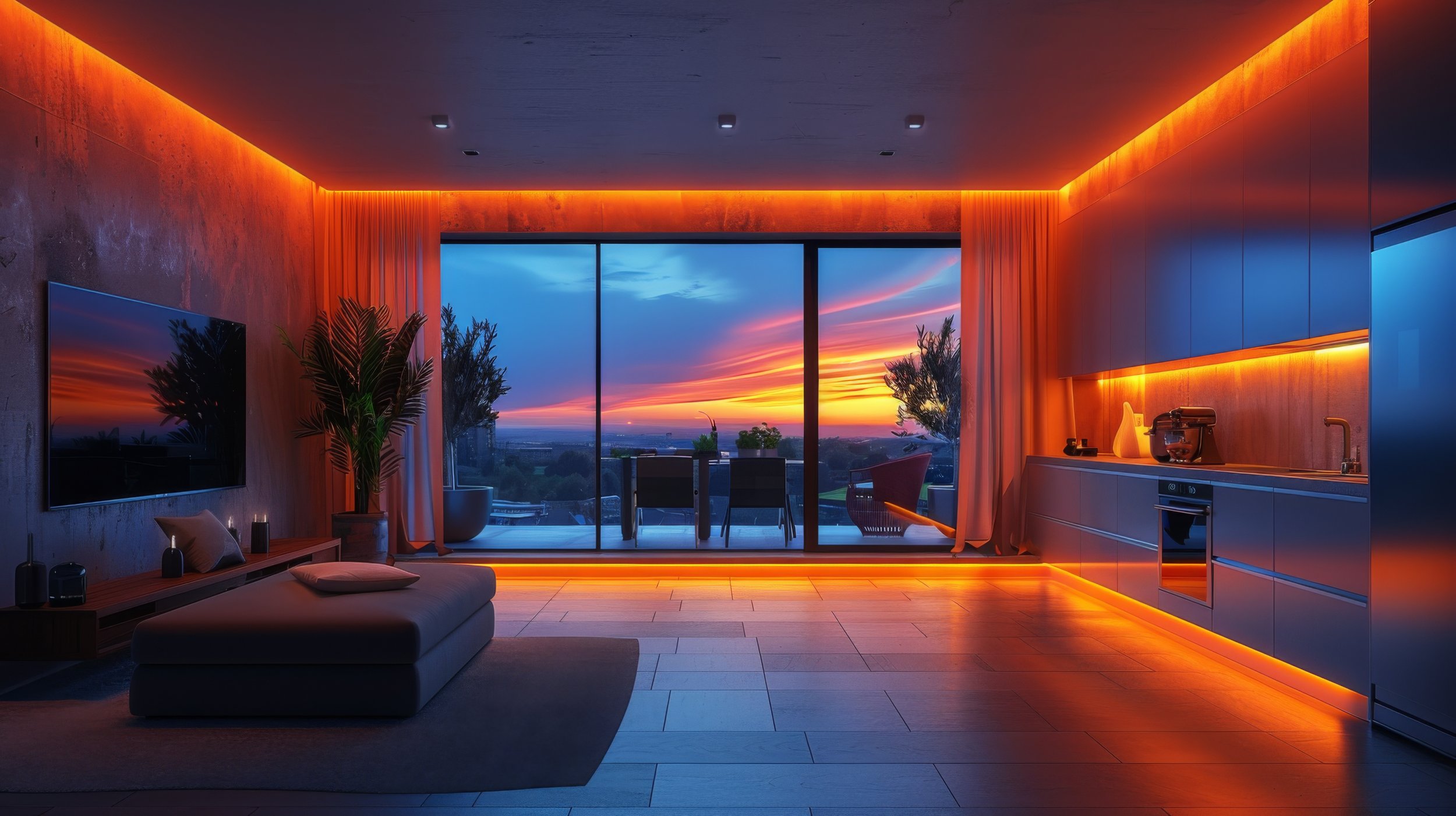 Modern living room with large glass sliding doors revealing a sunset view, illuminated orange LED lighting along the ceiling and floor, and minimalist furniture including a sofa, plants, a TV on the wall, and a kitchenette.