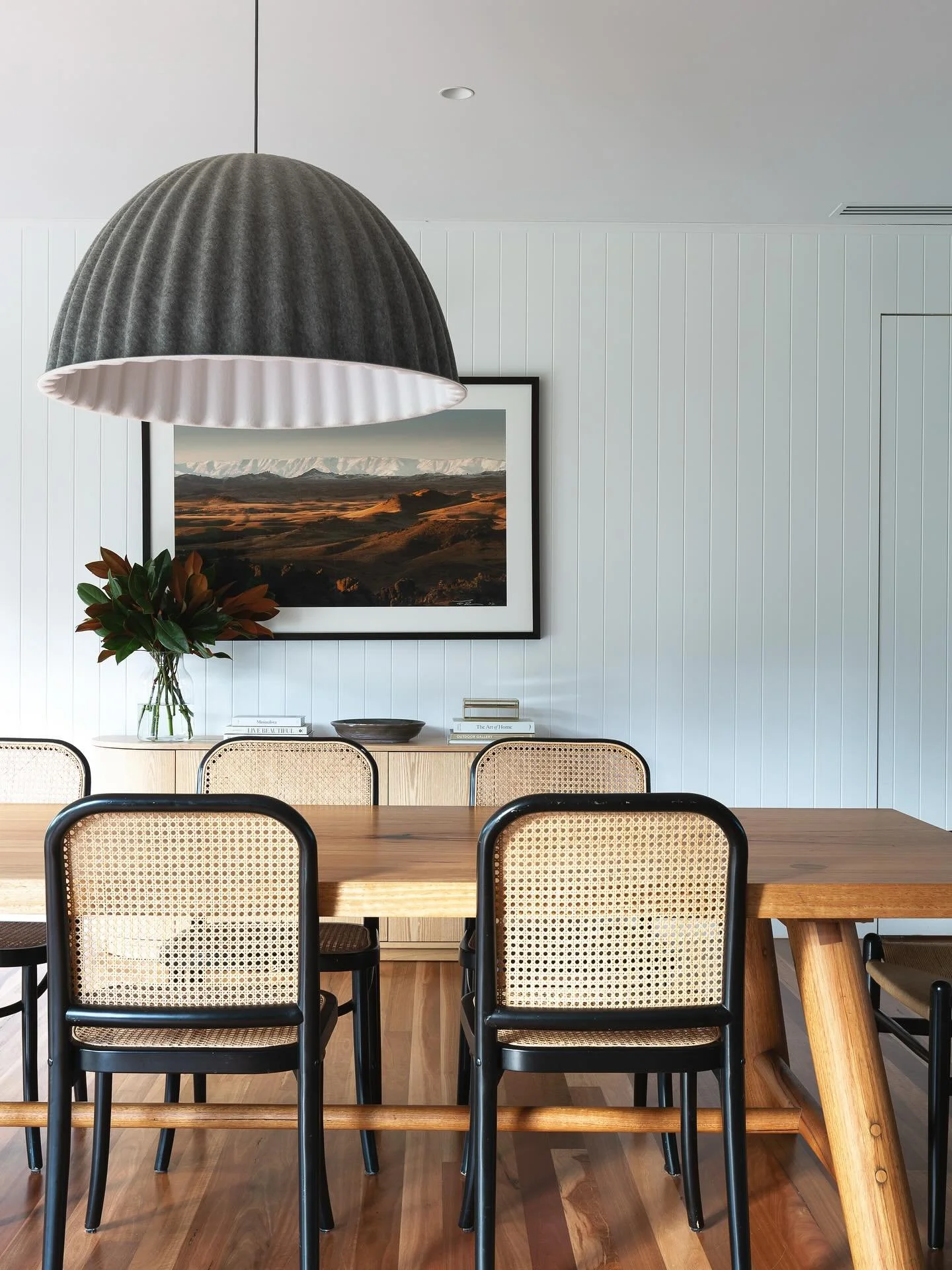 The dining room from our Oaklands project featuring a stunning Under the bell pendant by @moooi above the farmhouse dining table by @mark_tuckey