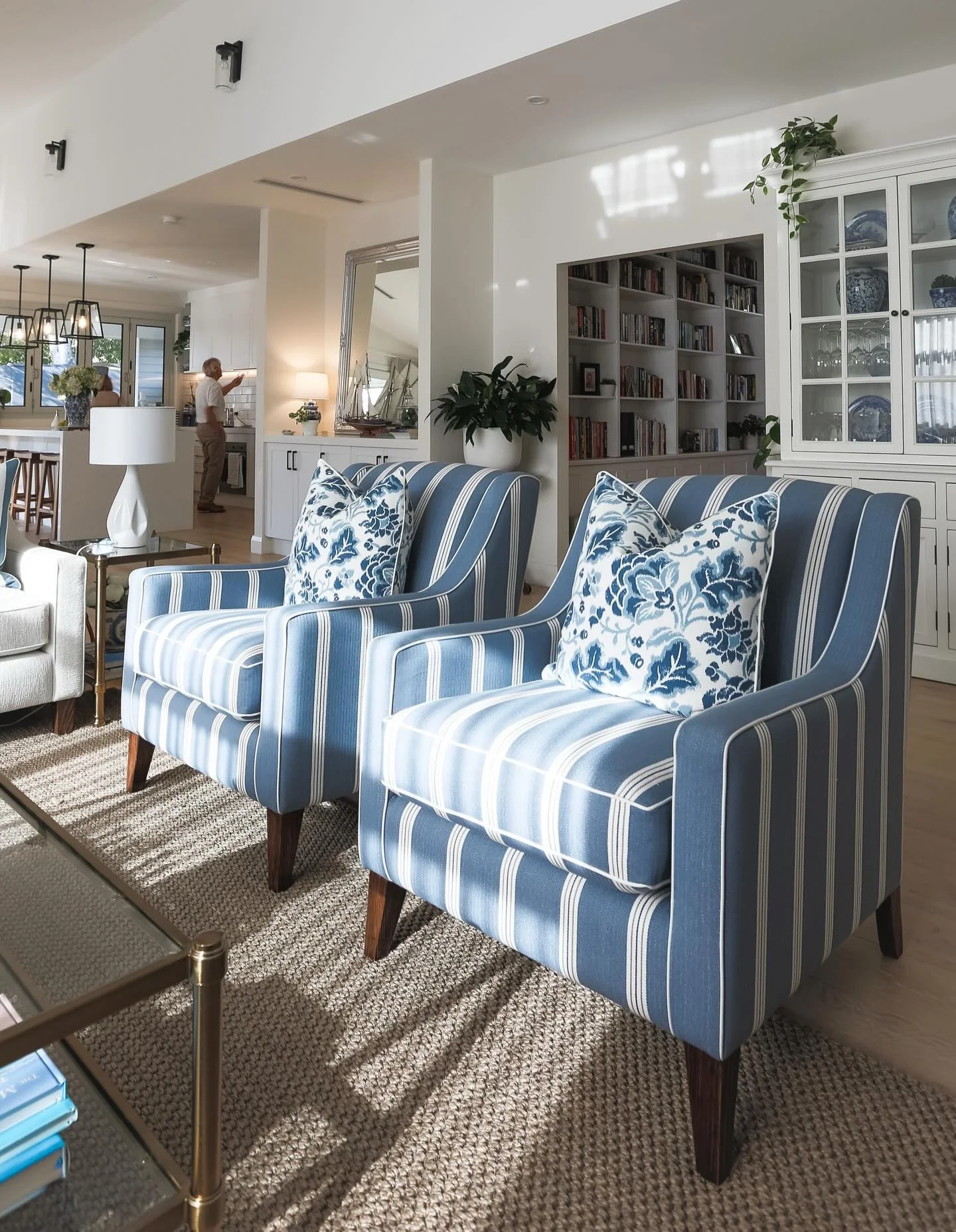 FURNITURE STYLING / another living room makeover for our gorgeous client in Mt Eliza. We designed a new fireplace, custom rugs and furniture to make this space a beautiful coastal retreat featuring our Valentina chair in @clarkeandclarke Edgeworth fa