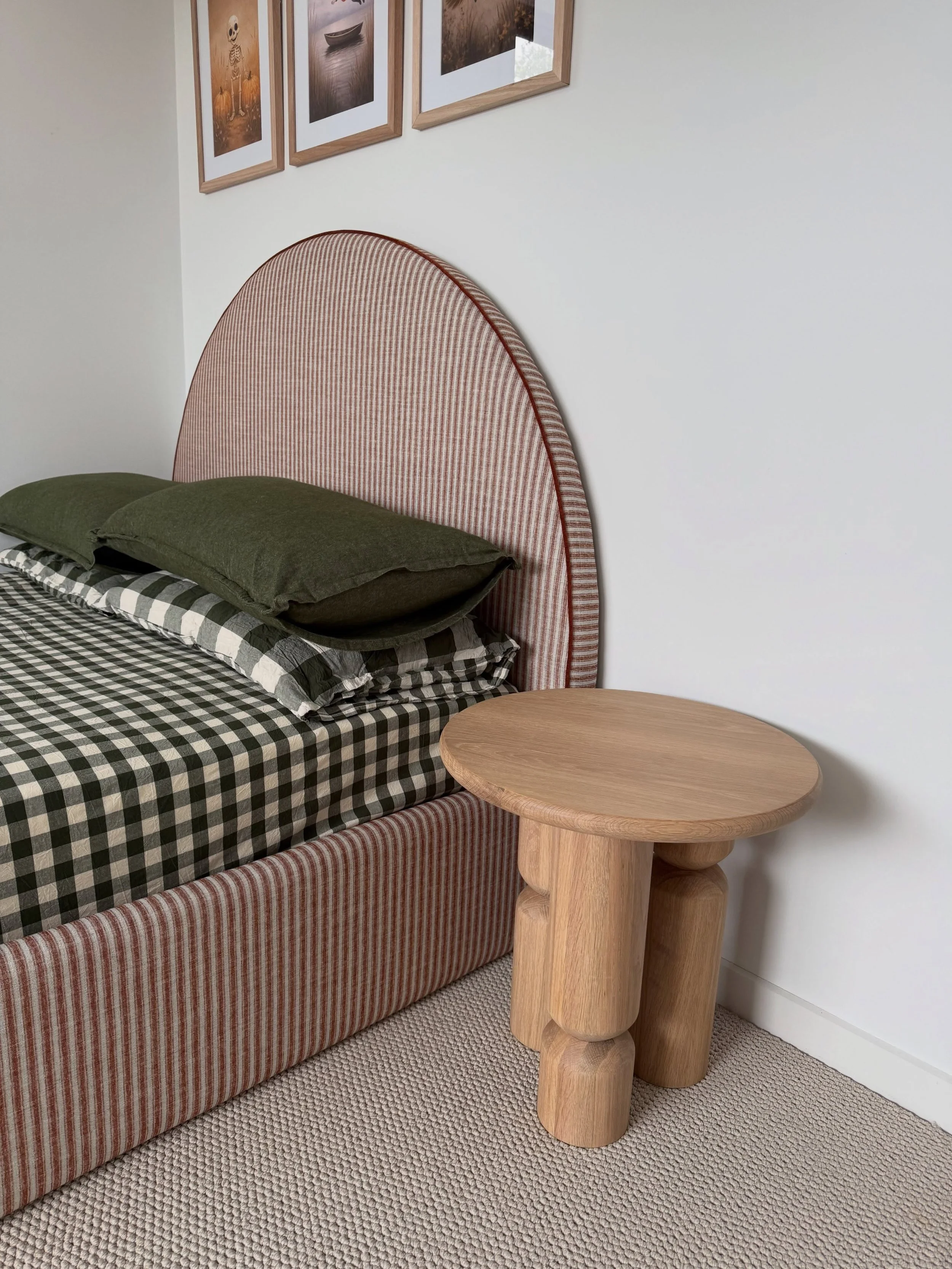 Custom bed design &amp; matching cushions for this little boys bedroom. Fabric is Warwick Sawyer spice piped in Tahiti brick. Artefact Hayes side table 🧡