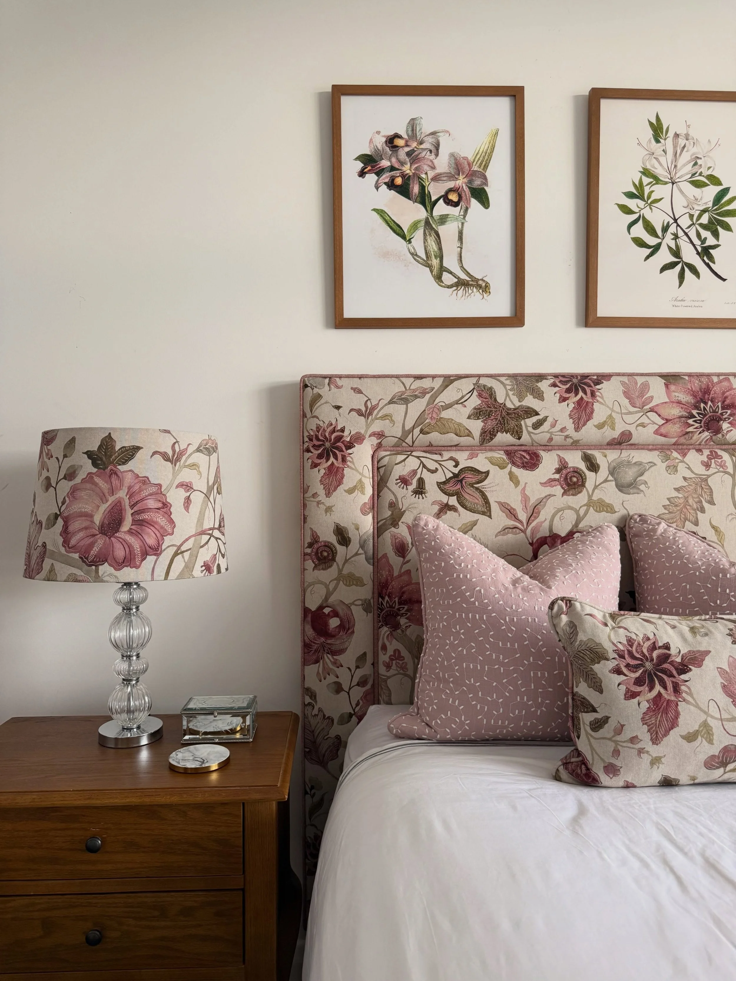 Delivery today in Mt Eliza featuring our Phoebe bedhead upholstered in gorgeous @clarkeandclarke Avebury fabric with matching lampshades and cushions 🌸