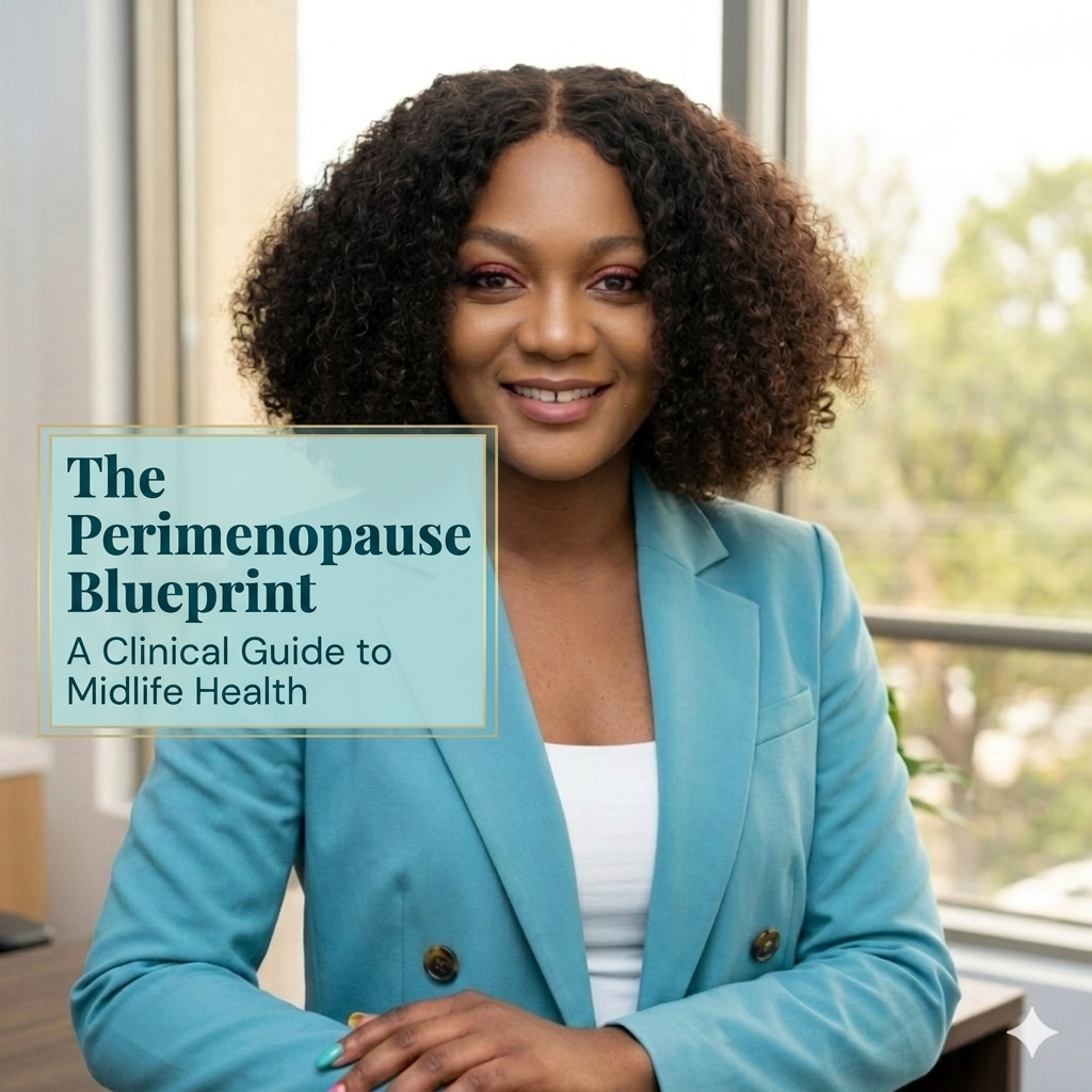Vera Nyonglemuga, Family Nurse Practitioner, seated in a professional setting with overlay text "The Perimenopause Blueprint: A Clinical Guide to Midlife Health," representing an evidence-based approach to hormonal and metabolic health in midlife.