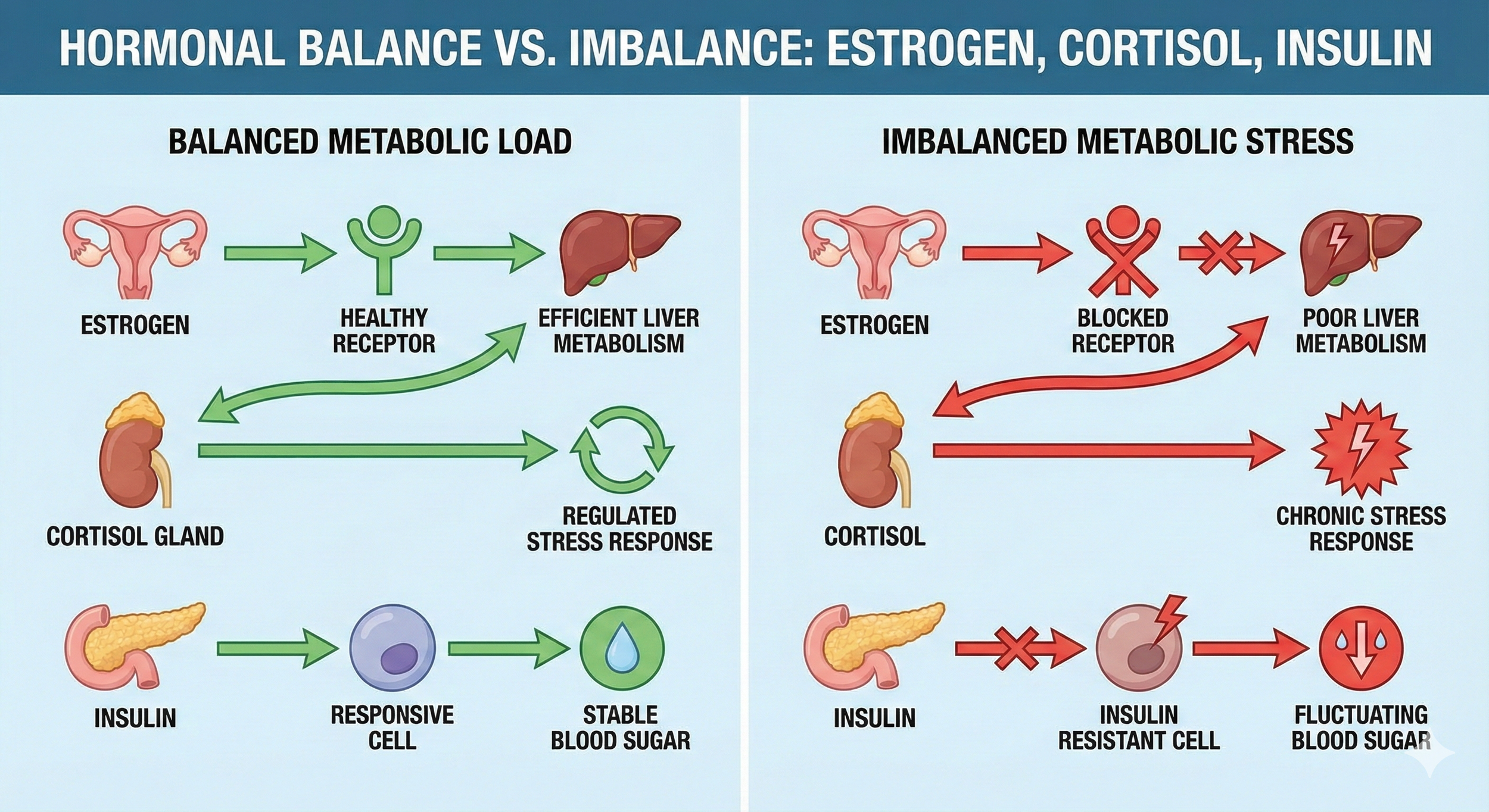 Diagram illustrating the difference between balanced and imbalanced pathways for estrogen, cortisol, and insulin hormones.
