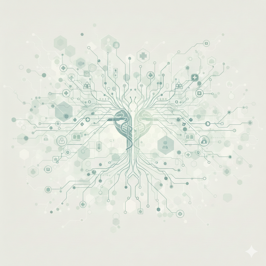 Abstract illustration if healthcare systems, clinician workflows, and sustainability in modern healthcare operations