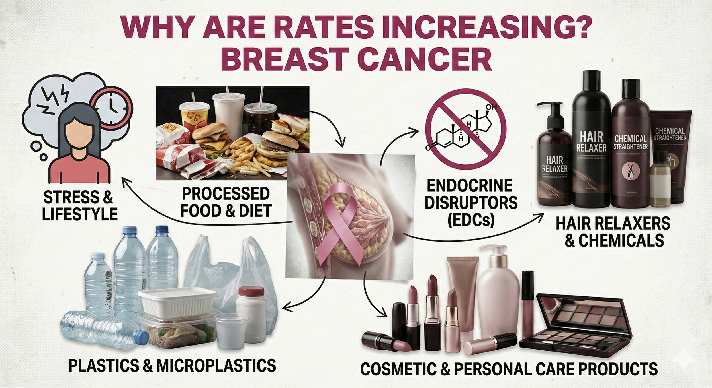 Infographic collage linking stress, diet, plastics, endocrine disruptors, hair chemicals, and cosmetics to increasing breast cancer rates.