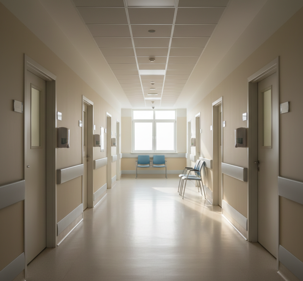Empty healthcare clinic hallway illustrating clinical operations, capacity, and the absence of clinicians