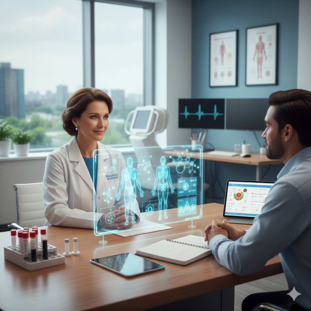 Healthcare provider discussing testosterone therapy options with a male patient in a clinical consultation setting.