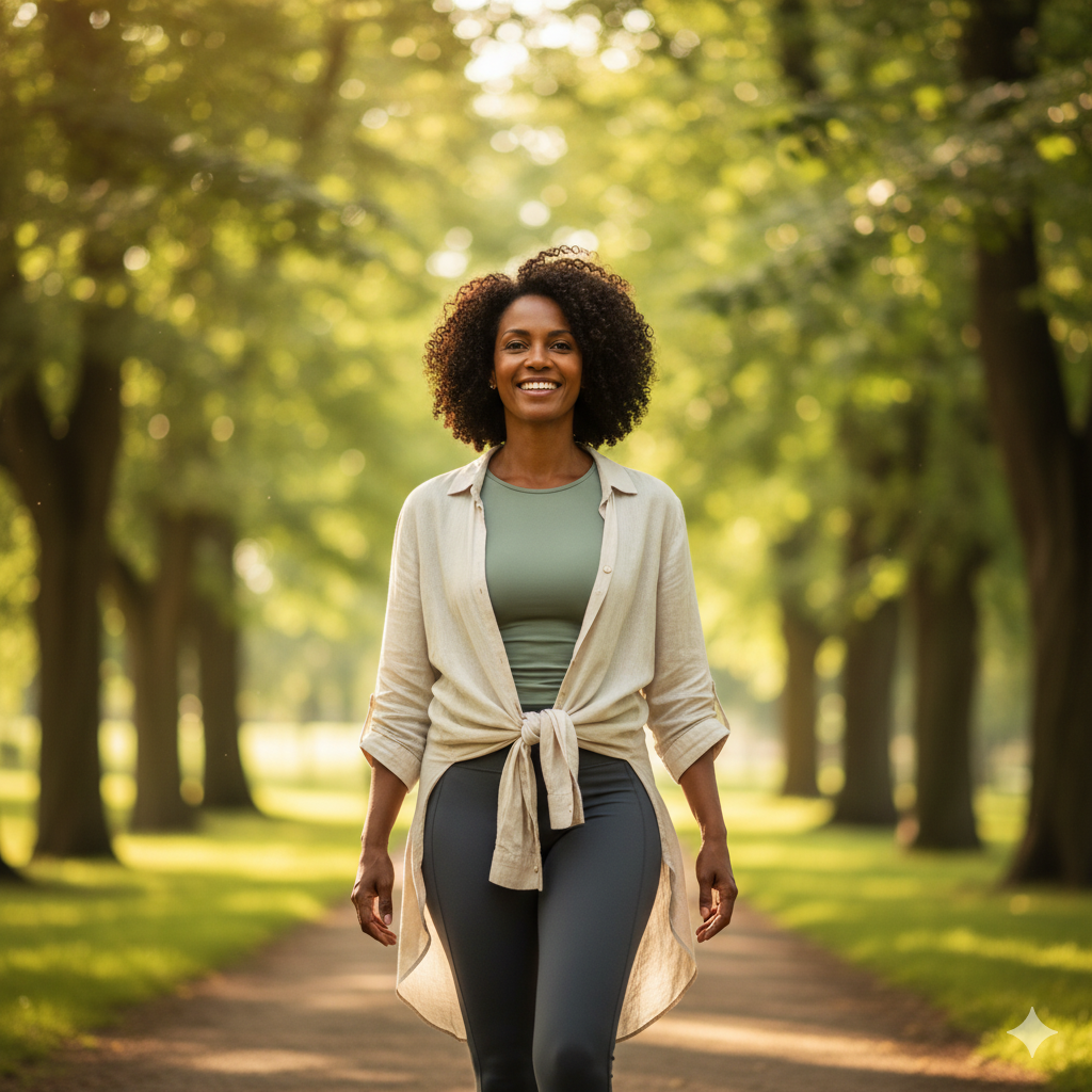 A confident midlife woman walking outdoors smiling in sunlight, representing long-term transformation, strength, and metabolic mastery in menopause.