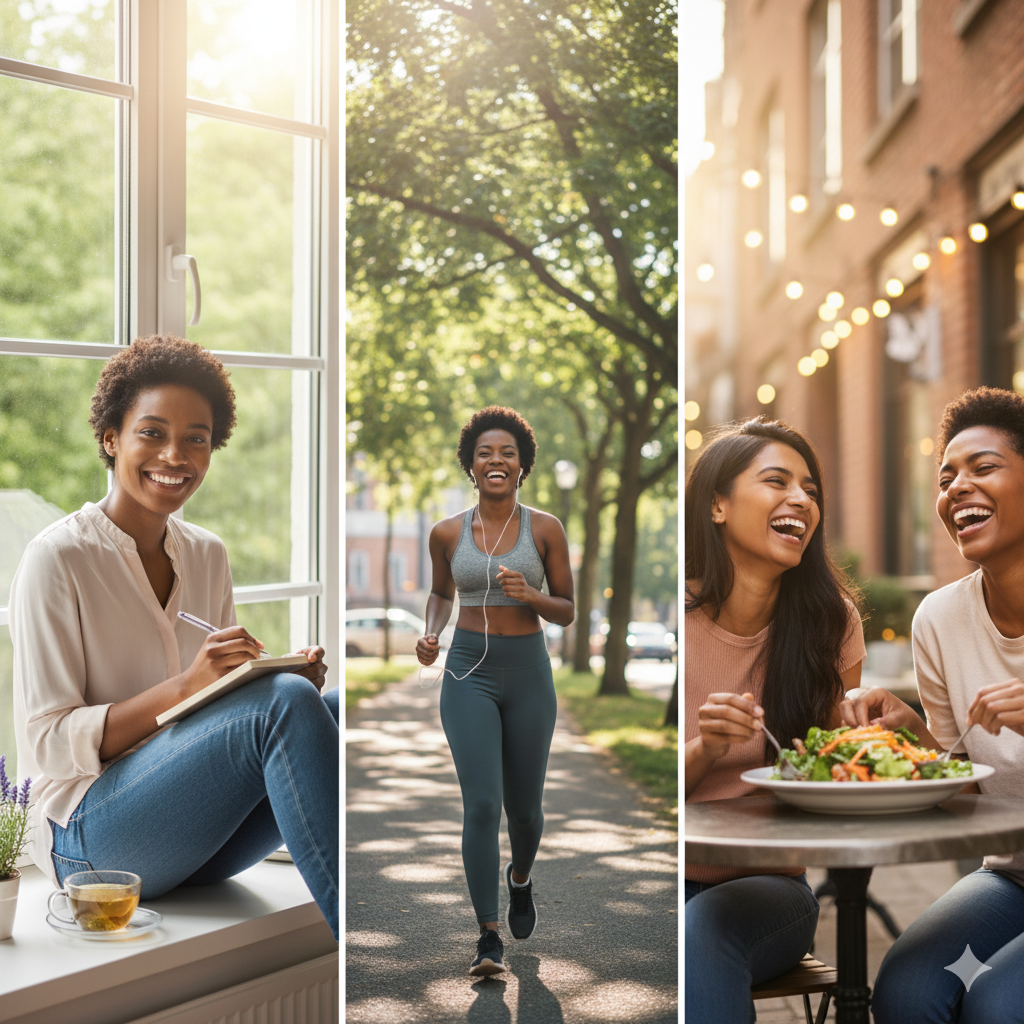 A collage of midlife women journaling, walking outdoors, and sharing a joyful conversation, representing clarity, confidence, lifestyle balance, and supportive community during the midlife transition.
