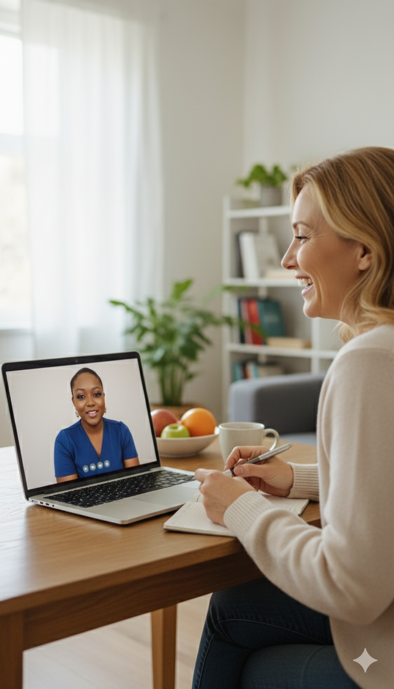 Woman talking with a provider in a calm setting, symbolizing emotional and lifestyle support during perimenopause and menopause.