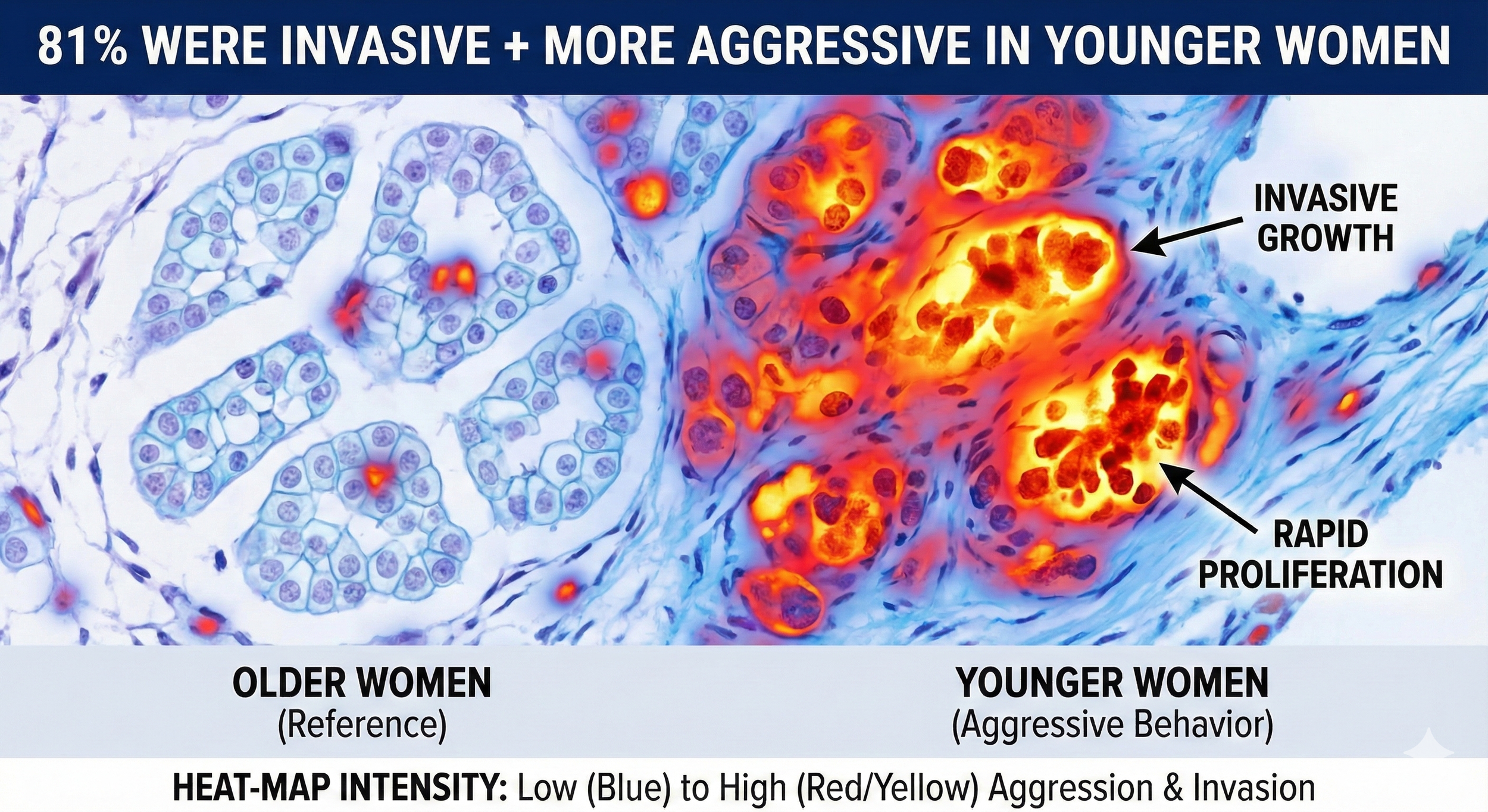 Medical illustration heat-map showing that younger women's breast cancer cells are often more aggressive and invasive than older women's reference cells.