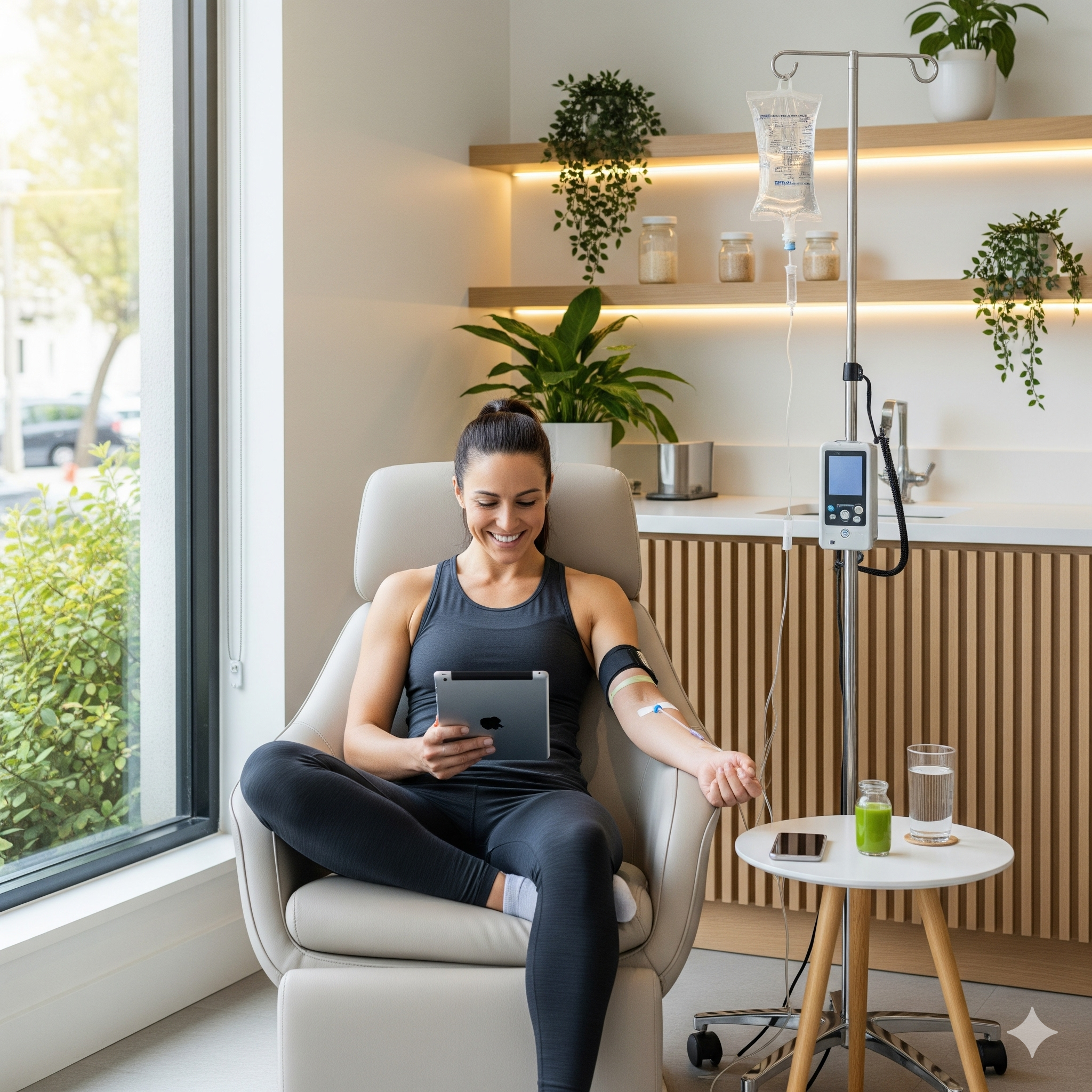 Person receiving IV infusion in a comfortable wellness setting, representing hydration therapy for energy and recovery.