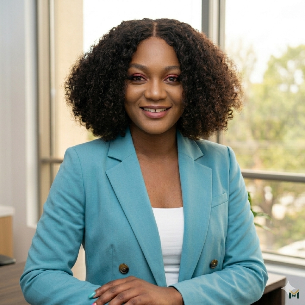 Vera Nyonglemuga, Family Nurse Practitioner and founder of Macvelly Wellness, wearing a teal blazer and smiling in a professional clinical setting.