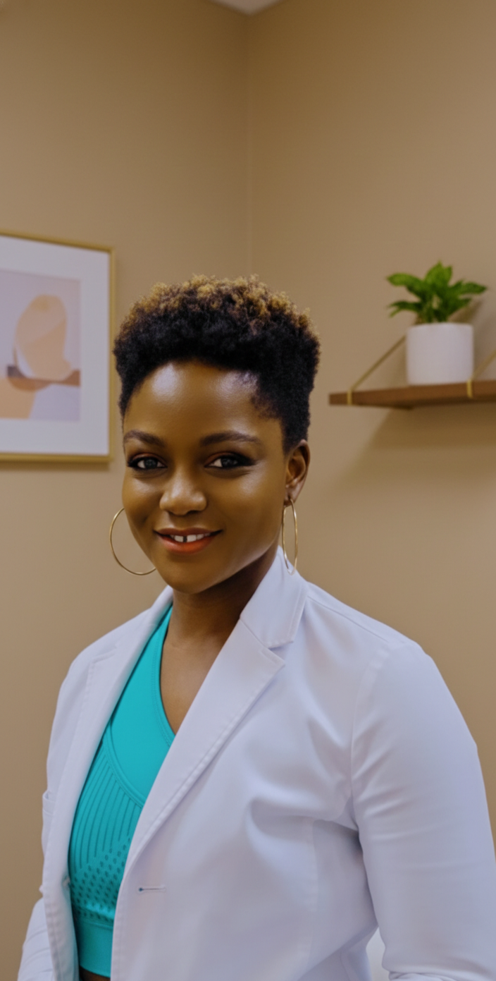 Vera Nyonglemuga, FNP-BC, FNP-C, MSCP Candidate, smiling in a clinical setting, wearing a light blazer.