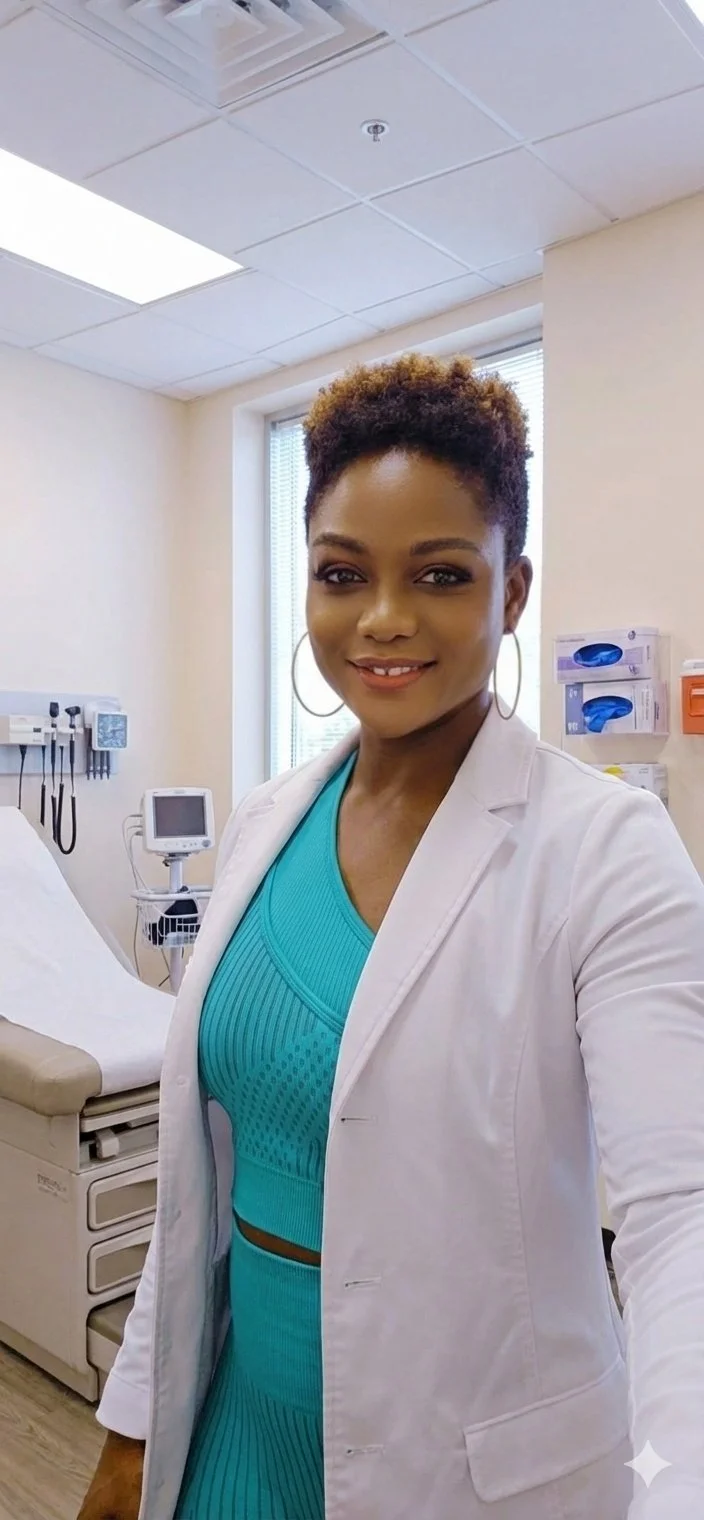 Professional portrait of Vera Nyonglemuga, a Black nurse practitioner wearing a teal outfit and white coat, smiling in a bright clinical exam room.