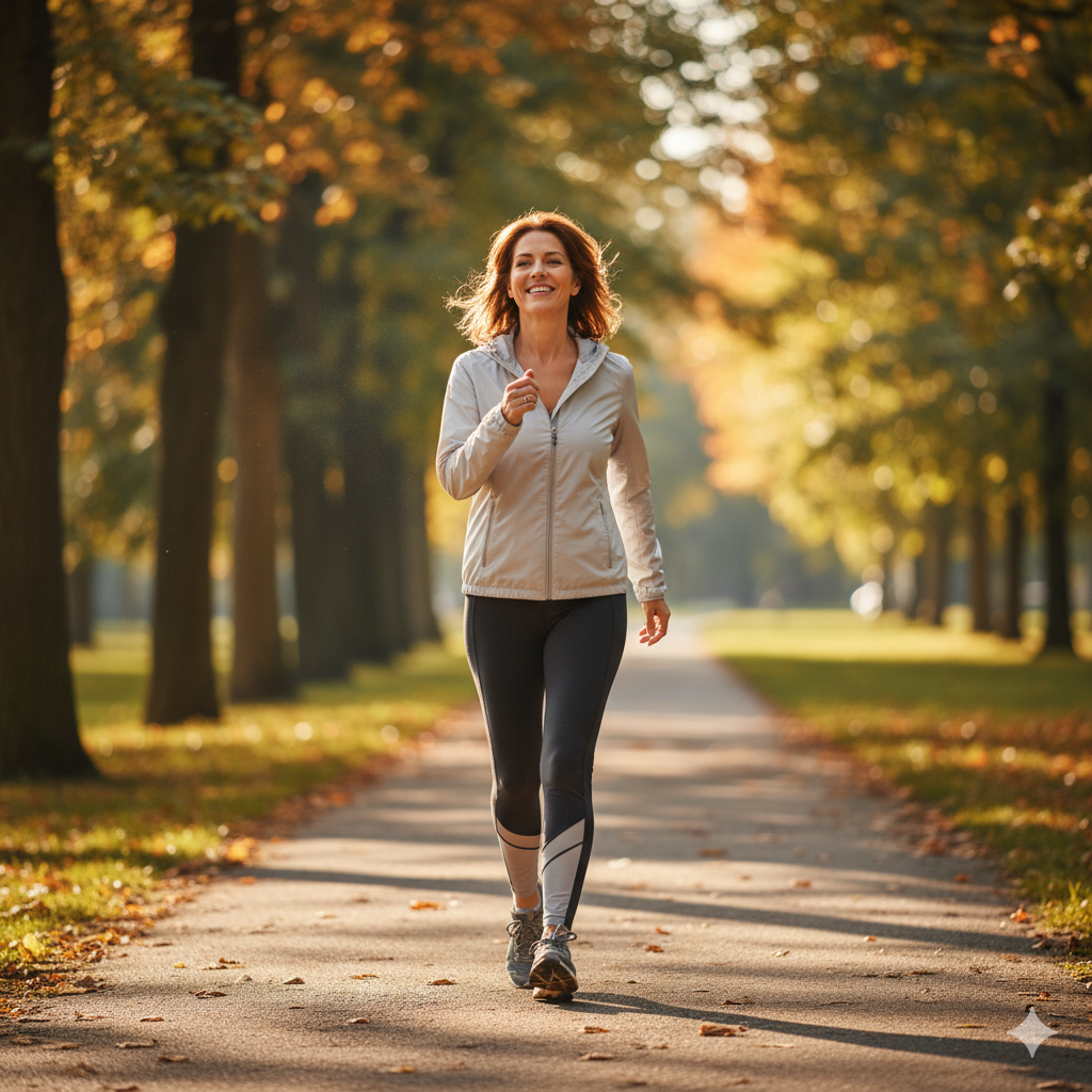 A confident midlife woman walking outdoors smiling, symbolizing long-term metabolic improvement, increased energy, and menopause weight balance.