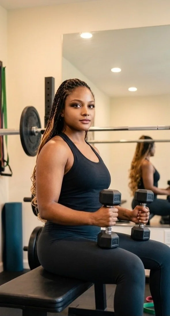 Family nurse practitioner Vera Nyonglemuga performing a standing dumbbell shoulder press to illustrate the role of strength training in preserving muscle health during perimenopause and healthy aging.