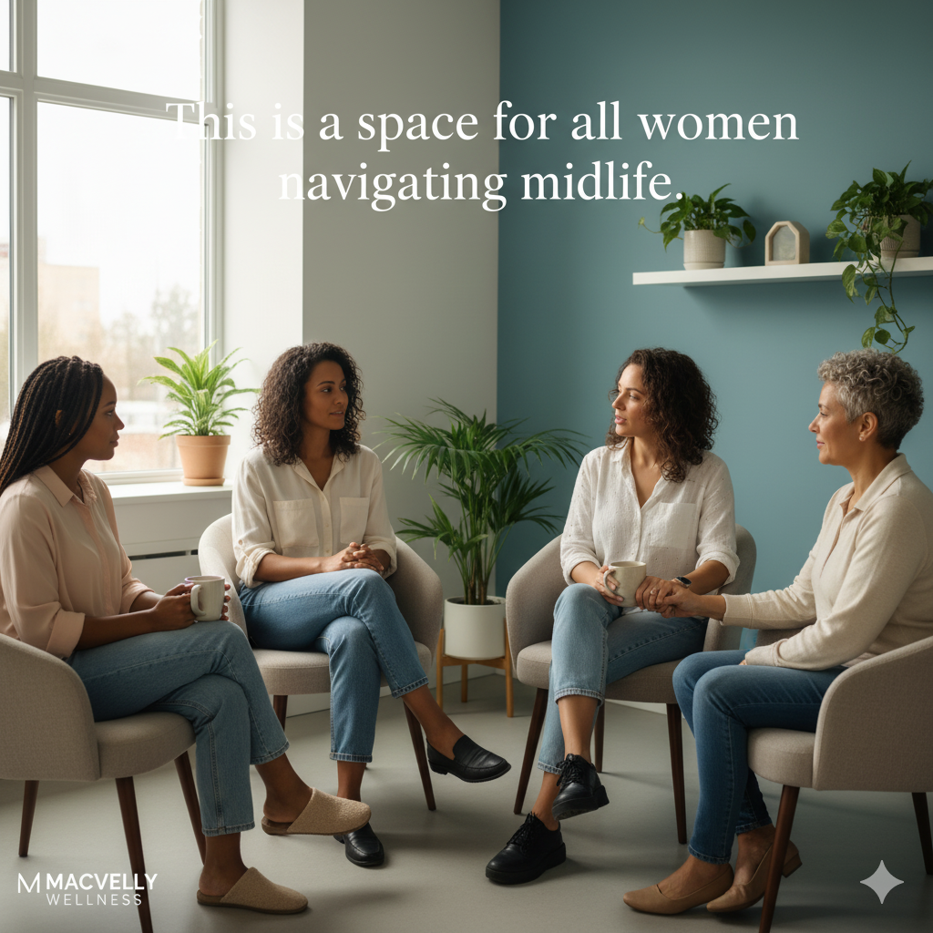 Group of midlife women in a supportive wellness conversation, sharing experiences and receiving guidance during hormone therapy.