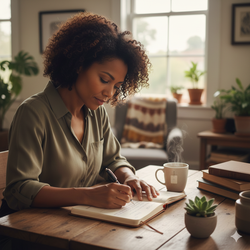 Midlife woman journaling during a calm morning wellness routine designed to support sustainable metabolism, lifestyle change, and midlife health transformation