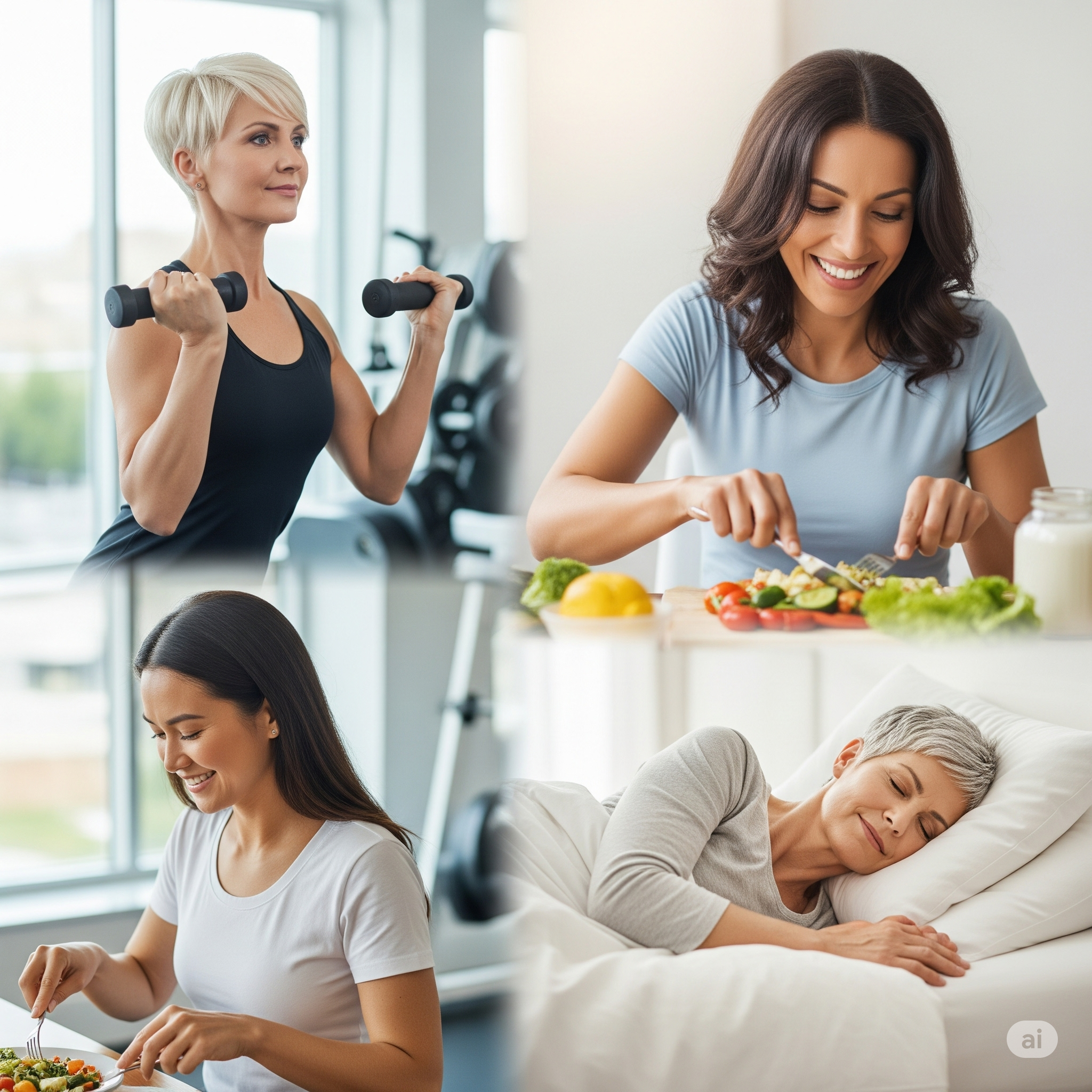 Woman preparing balanced food while smiling in a bright kitchen, representing hormone-informed metabolic and weight support in midlife.