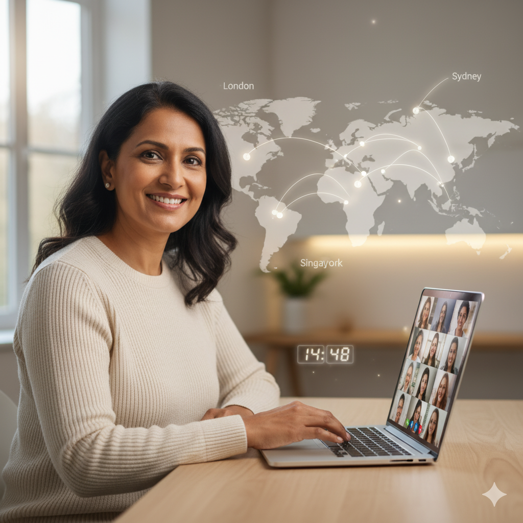 A woman smiling while working remotely on a laptop, representing virtual global coaching and online support for midlife metabolism and hormone health.