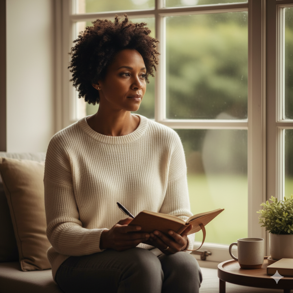A midlife woman sitting by a window journaling with a calm expression, symbolizing reflection, habit change, and a gentle reset during perimenopause and menopause.
