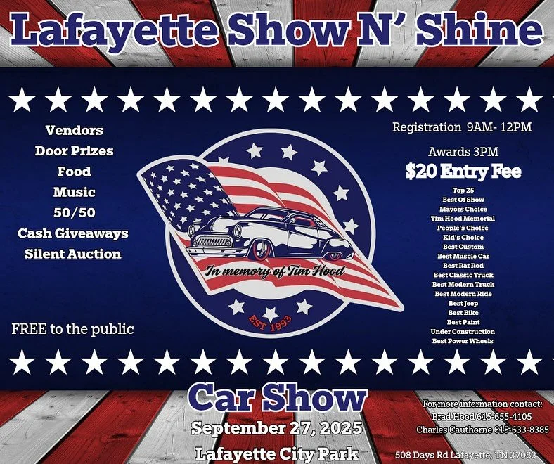 Join us for the Lafayette Show N’ Shine. Gonna be a great family event! Can’t wait. Get to do a little judging.