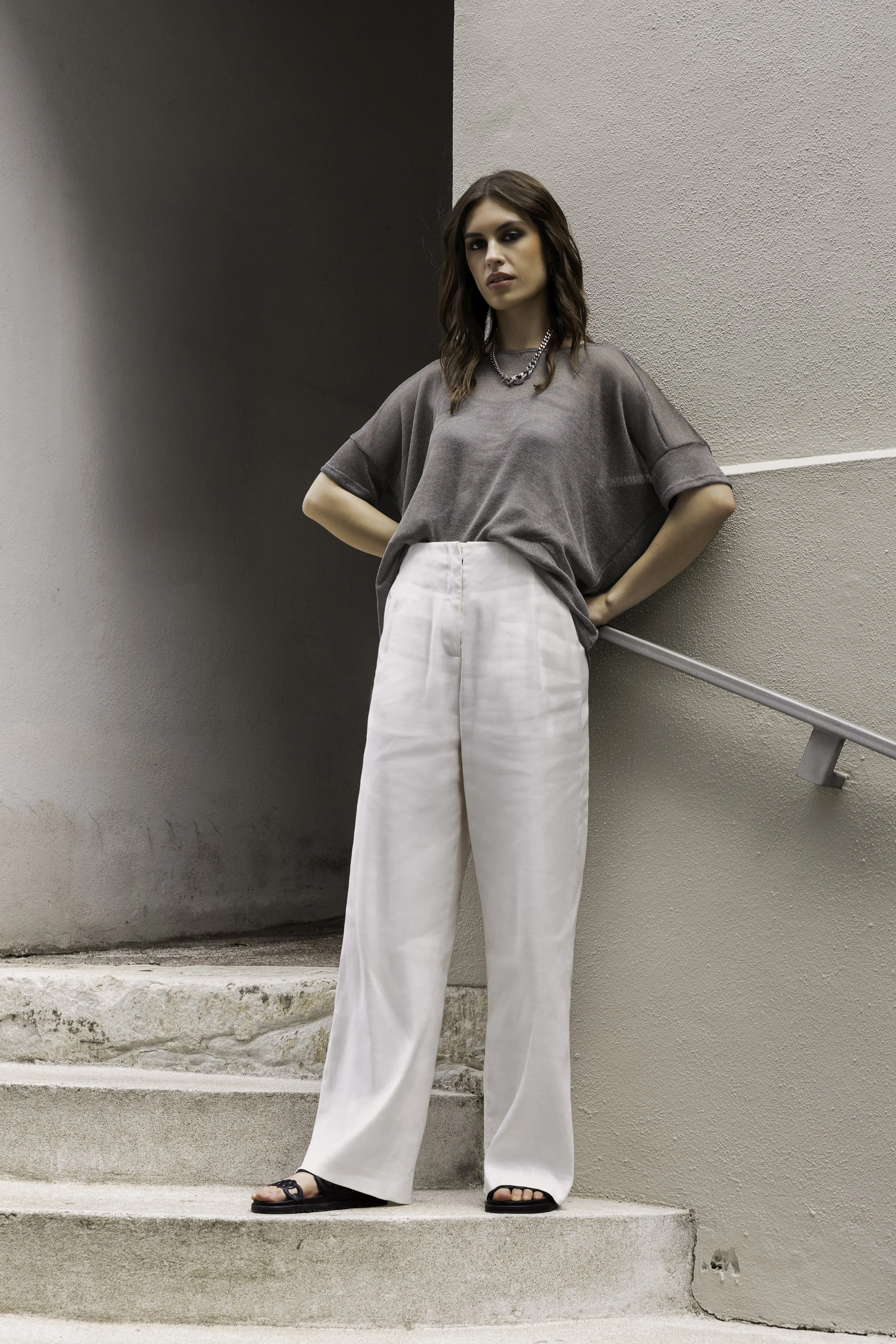 Silver Metallic Mesh Tee-White Linen Pant.jpg