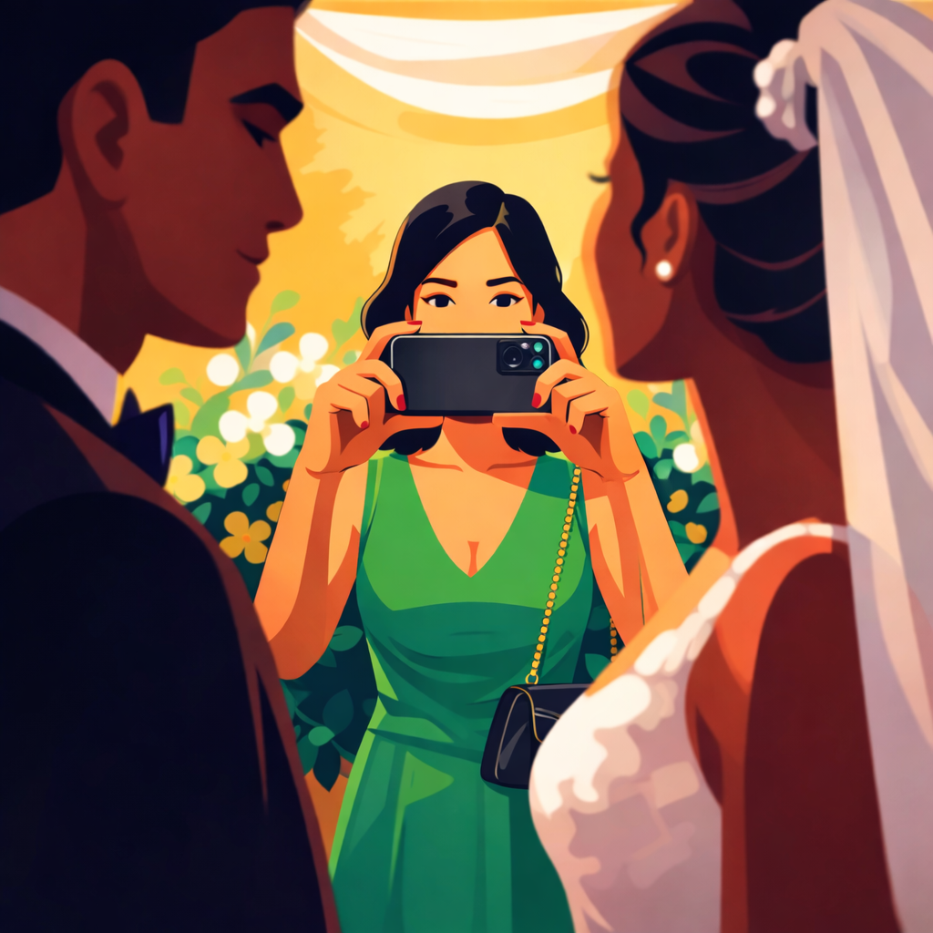 Wedding guest filming the bride and groom with a smart phone.