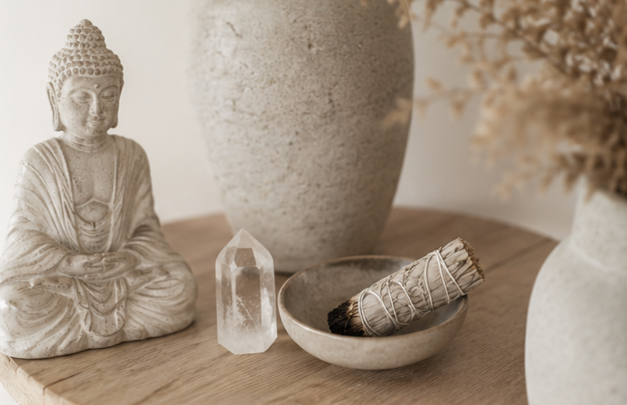 A collection of decorative items on a wooden surface, including a Buddha statue, a large textured clay pot, a clear quartz crystal, a bundle of sage in a small bowl, and a vase with dried flowers.