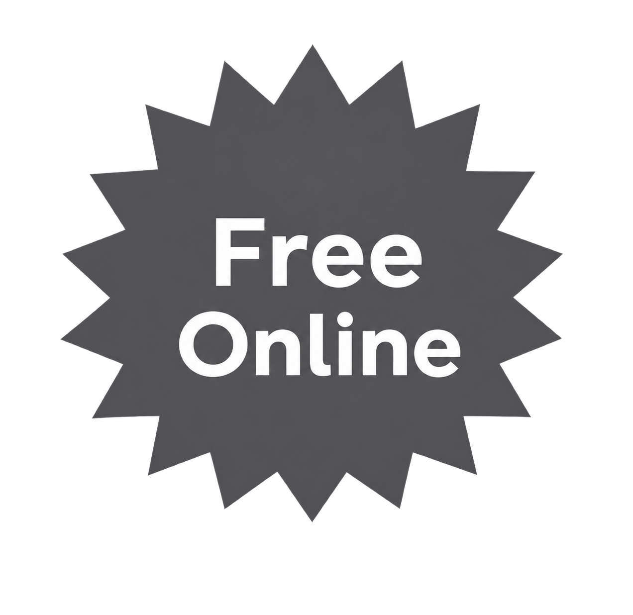 Gray starburst badge with white text that reads 'Free Online'.