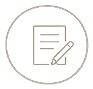 Icon of a clipboard with a pencil, enclosed in a circle.