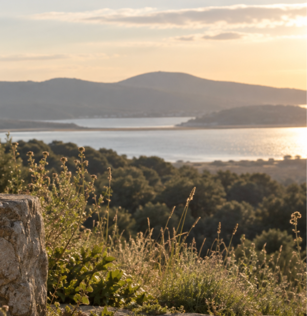 Sunset over a tranquil lake with distant mountains, lush trees, and wildflowers in the foreground.