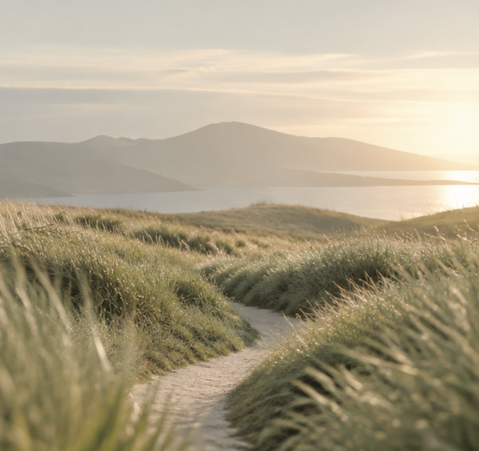 A sandy footpath winding through grassy dunes with a body of water and distant mountain range in the background during sunset.