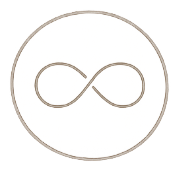 Black circular background with white looped infinity symbol in the center