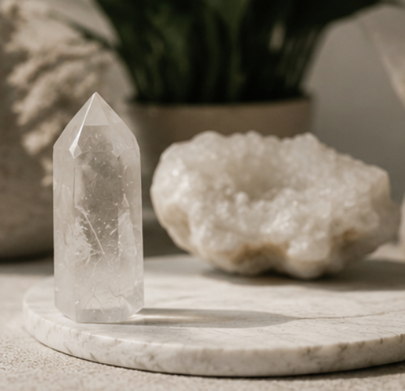 Clear quartz crystal on marble slab with a large white mineral specimen and green plant in background