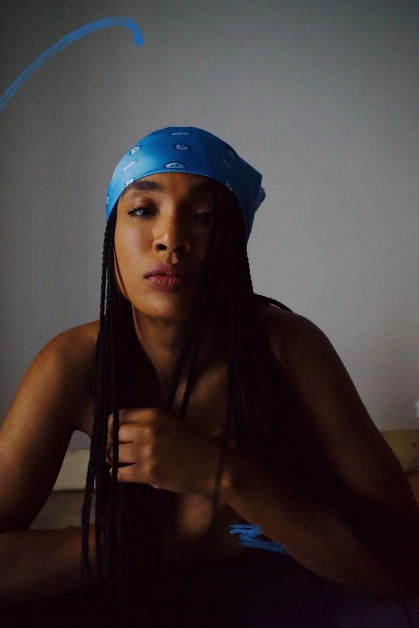 woman portrait with blue bandana natural light moody photography Los Angeles
