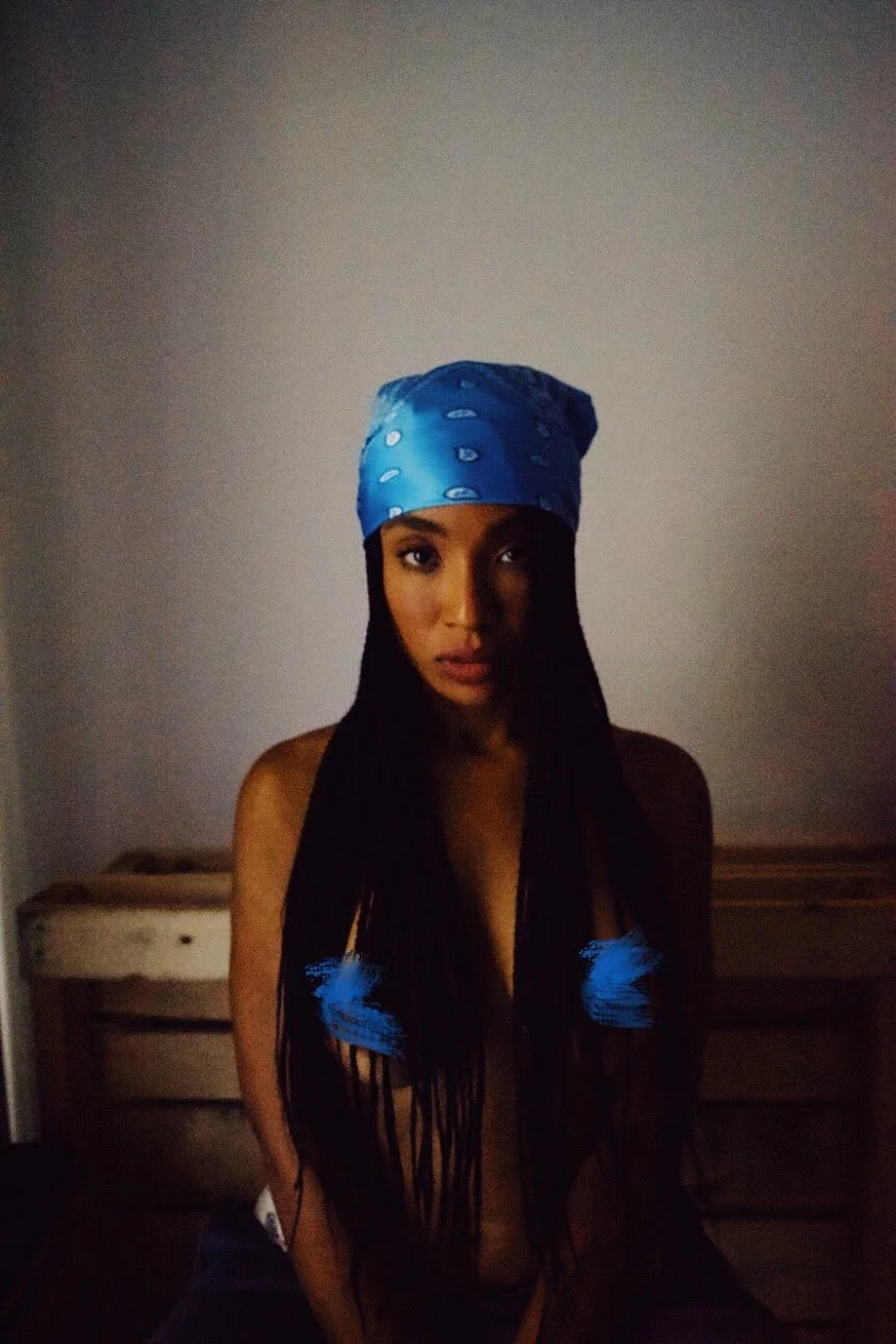 woman portrait with blue bandana natural light moody photography Los Angeles