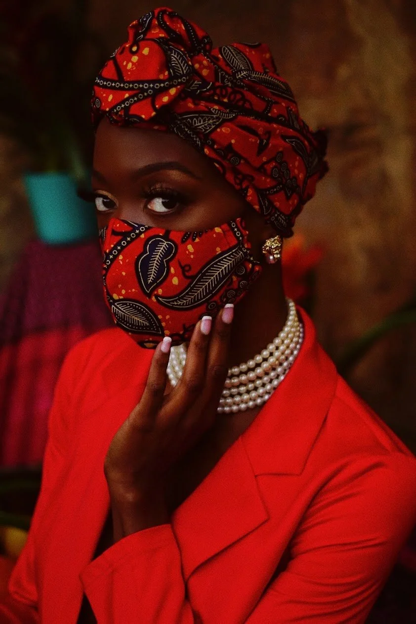 woman wearing red outfit and headwrap editorial portrait photography Los Angeles