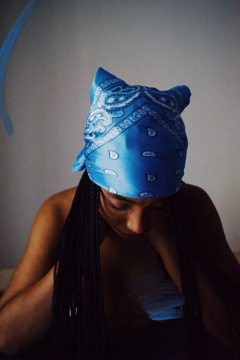woman wearing blue bandana natural light lifestyle portrait photography Los Angeles