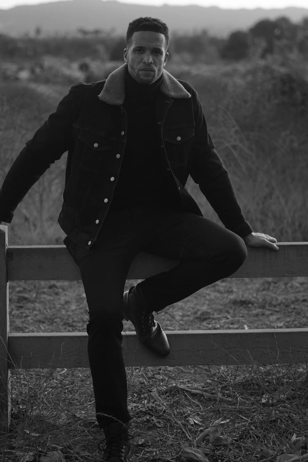 man posing outdoors black and white cinematic portrait photography Los Angeles