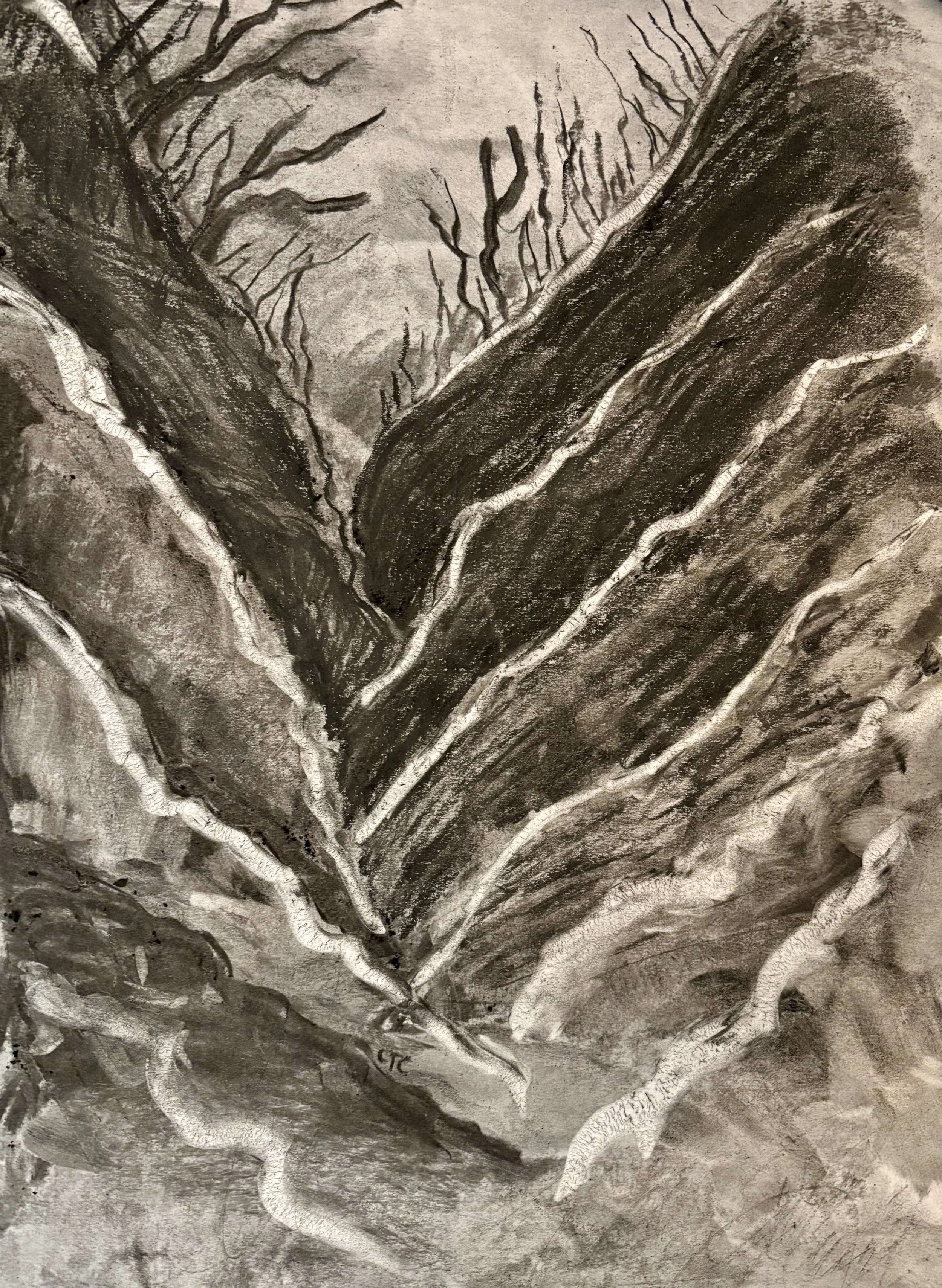 charcoal drawing of a series of ravines by Chaiga T Cheska
