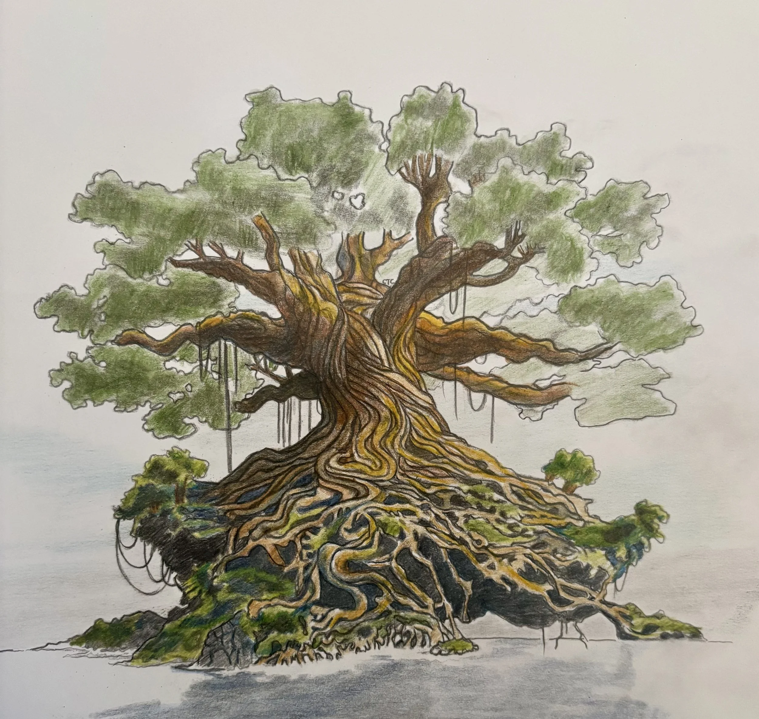 Fantasy scene with large, intricate bridges connecting floating islands, dragonfly-like creatures flying through the air, and tiny human figures standing on the bridges, all in a soft, muted color palette.