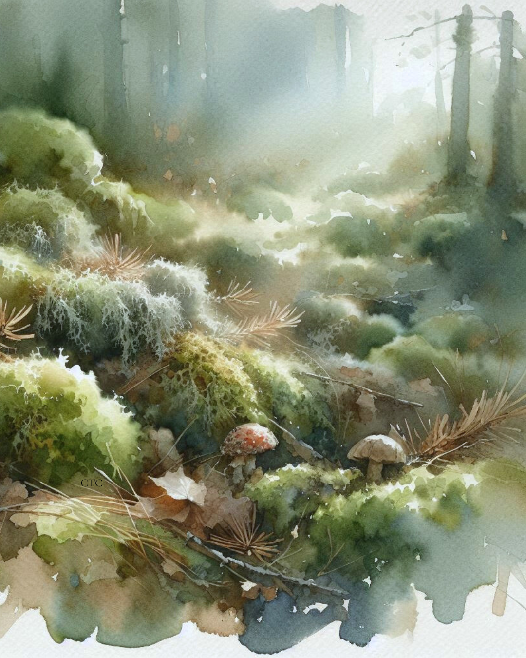 watercolour of textures of moss of greens and yellows with faint trees in the background