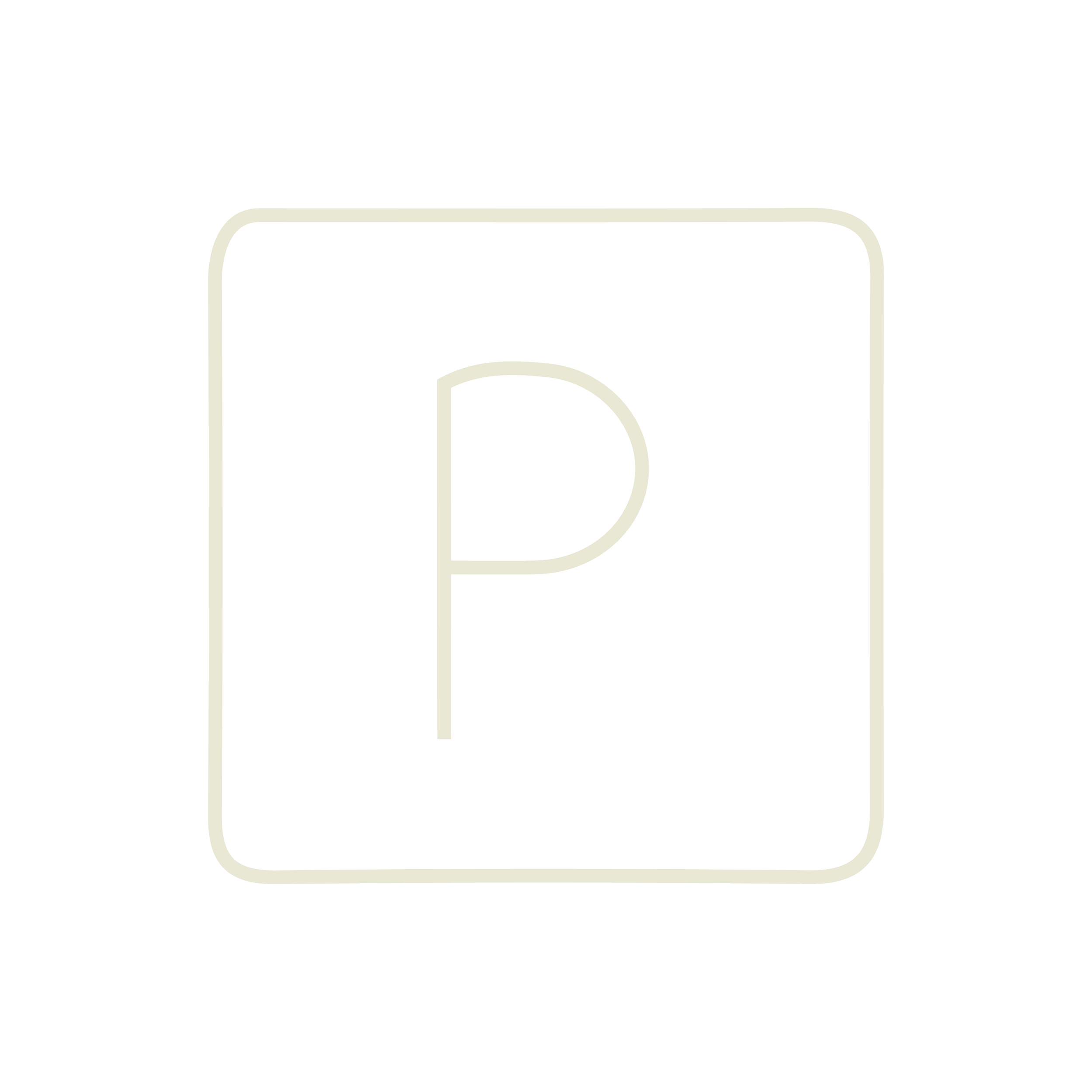 Neon sign with a black background displaying a white square with a capital letter P in the center.