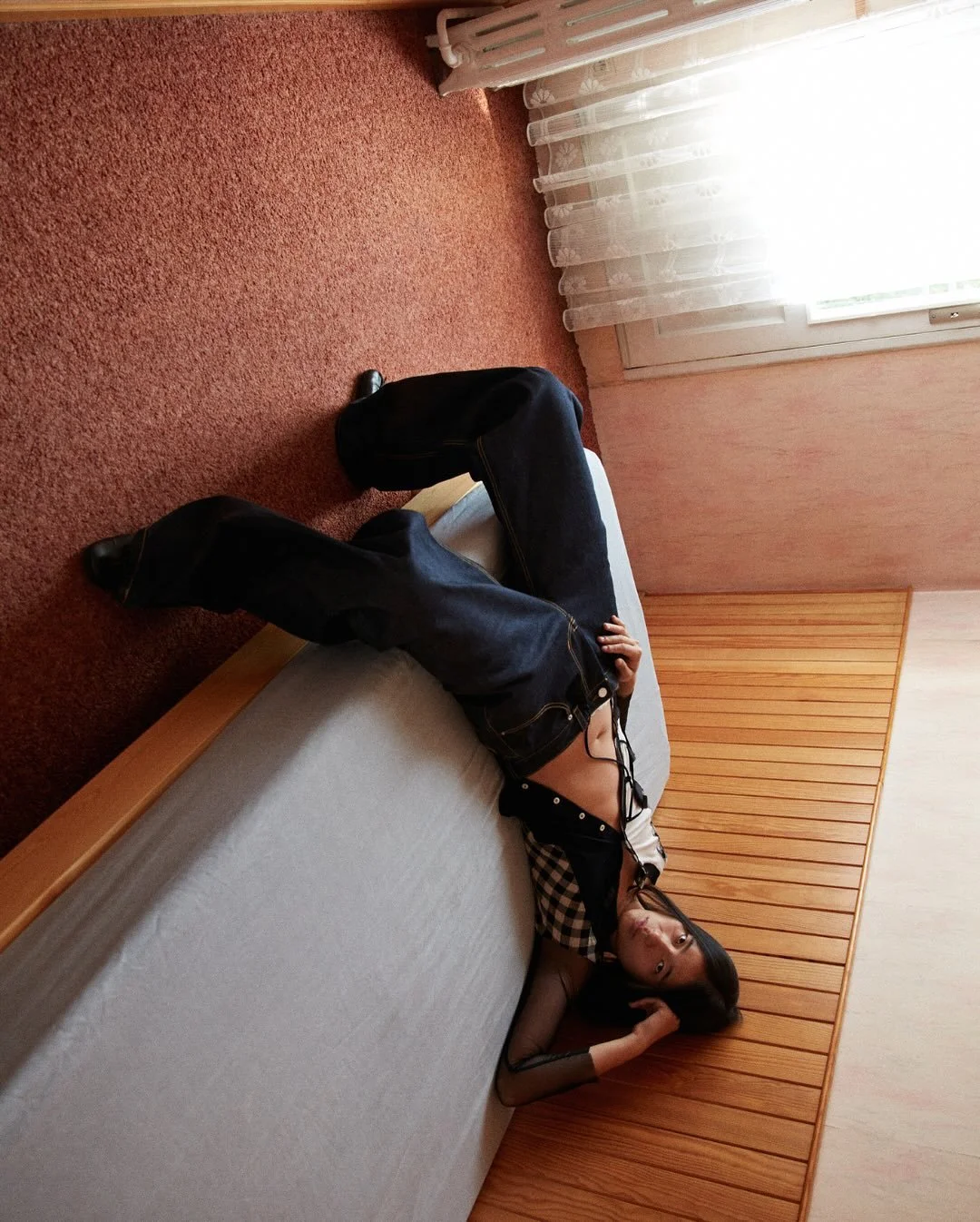 Low-rise jeans.
Wide leg, slightly tapered.
Front pockets lined with black and white polka dots.
Made in Paris.
Now online.

Creative director @camille_mimouni 
Global graphic design @sacha.kalfon
Photography @roseguiheux
Model @aureluong
Styled by @