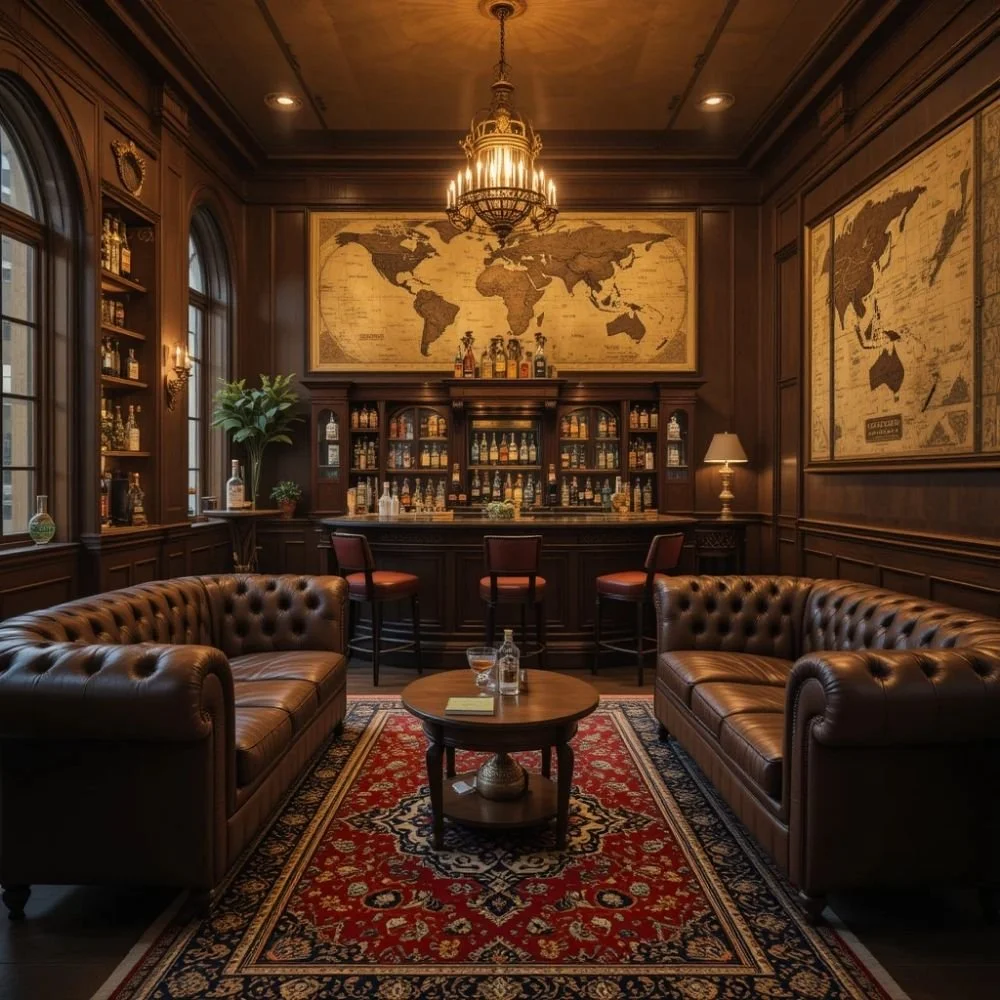 A luxurious hotel bar featuring dark wood paneling, two brown leather tufted sofas, a round wooden coffee table, a red and black ornate rug, a bar with a variety of liquor bottles, large windows, a chandelier, and world maps on the walls.