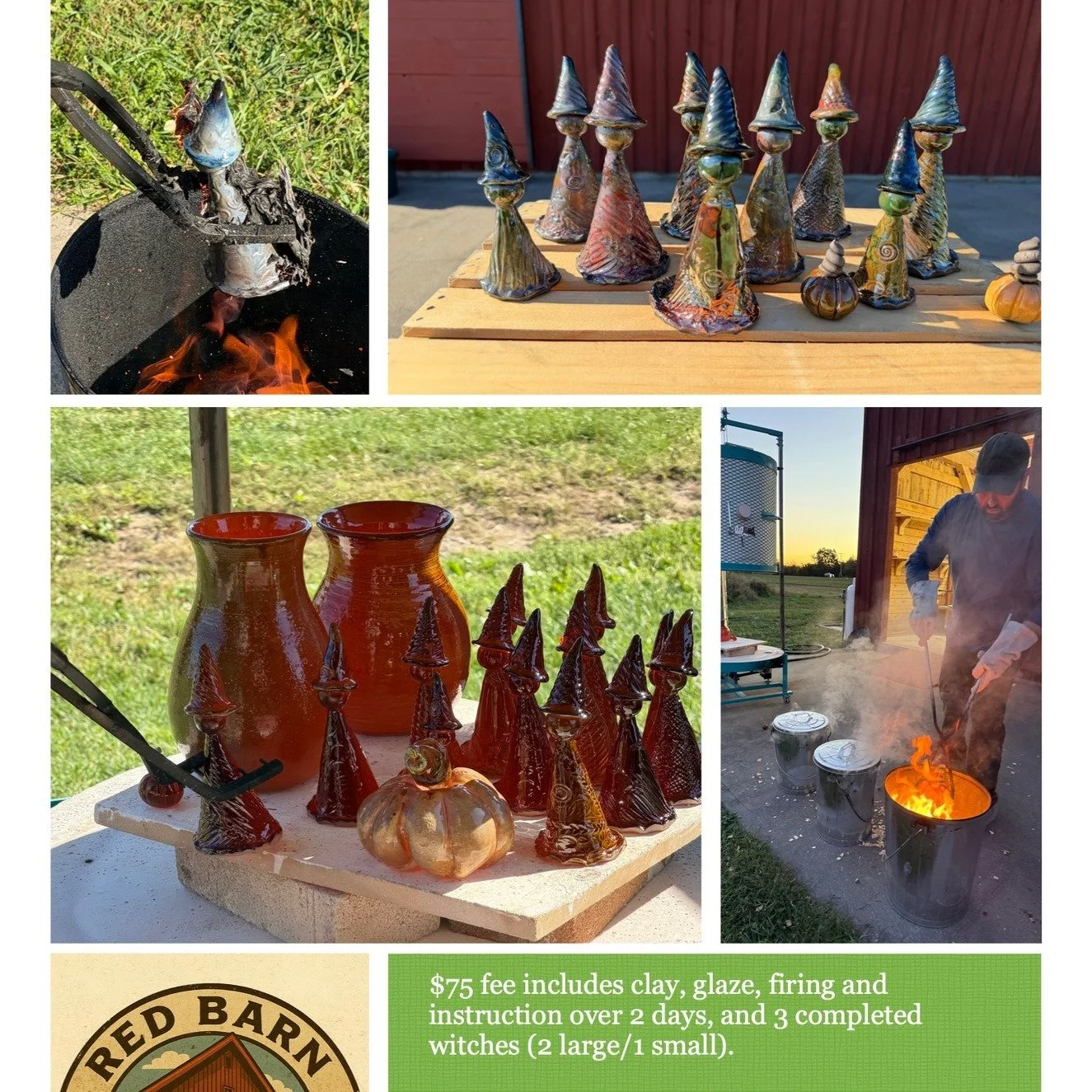 It's going to be a beautiful day for my first raku witch workshop!  I still have 2 spots available for anyone who is interested... Don't be shy! 
$75 fee includes clay, glaze, firing, and guided instruction for 2 classes!  You'll leave with 3 comple