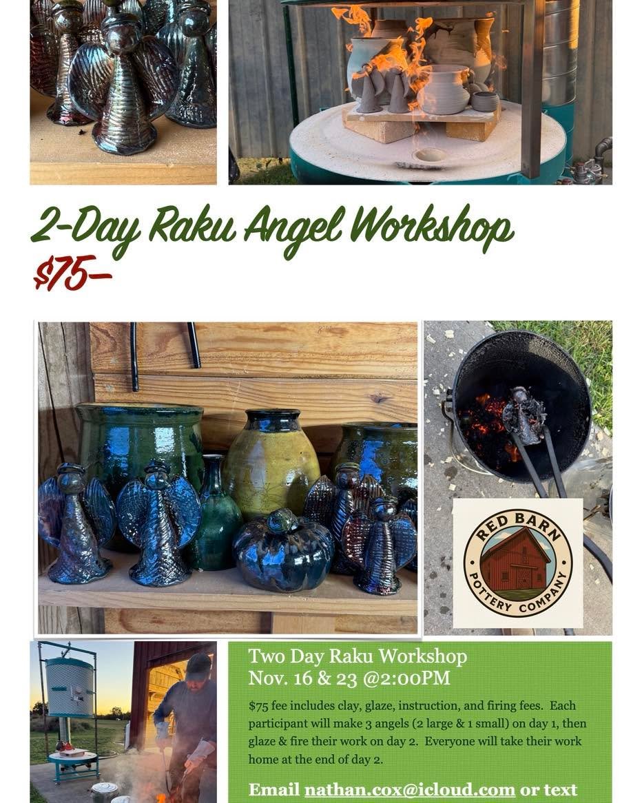 Please share... 

2-Day Raku Class!  On day 1, we'll make a set of 3 angels.  On day 2, after the angels have dried and had their first run through the kiln, we'll glaze them and raku fire them!  Participants will leave with their completed work at t