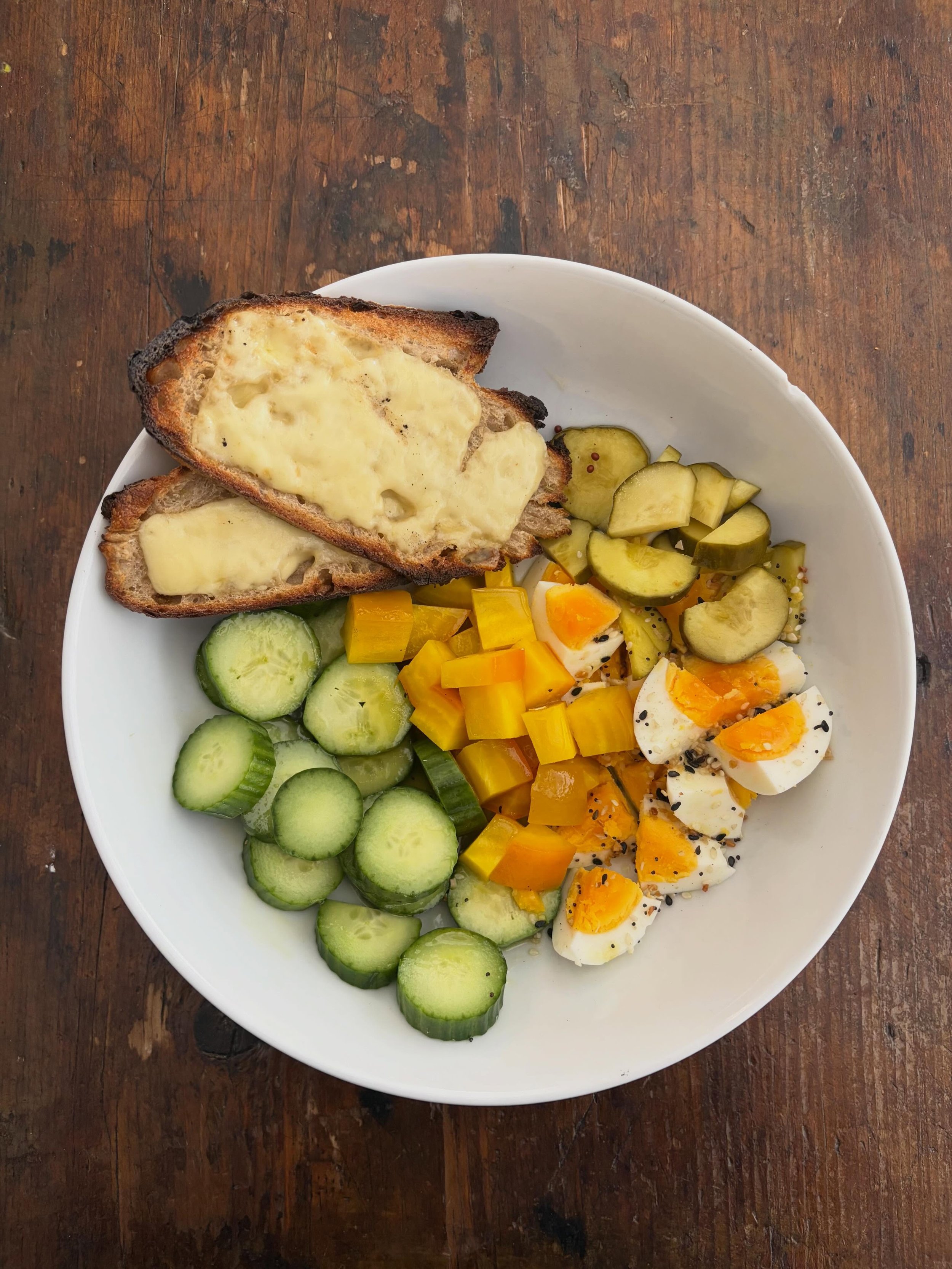 Honestly, this is my favorite kind of meal. Whatever veg is in the fridge slathered in a mustardy vinaigrette, a couple of boiled farm eggs (N&amp;P, not tagged), something pickled (my bread and butters from last summer), and some crusty bread. Could